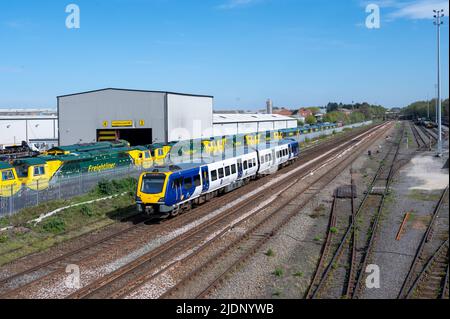 Northern Class 195 , Leeds, UK, 195024 1538 Leeds nach Lincoln Central am Freightliner Leeds Midland Road Depot vorbei. 20.. April 2022. Stockfoto