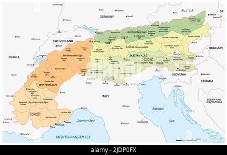 Detaillierte Vektorkarte Aufteilung der europäischen alpen Stockfoto
