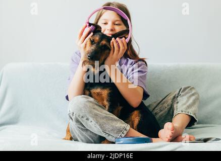 Fröhliches Teenager-Mädchen im lila T-Shirt in rosa Kopfhörern hört Musik und hat Spaß beim Spielen mit Hund Stockfoto