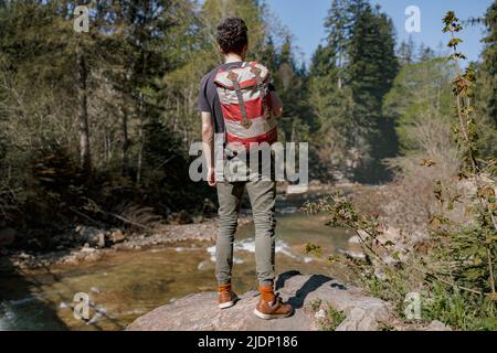 Rückansicht eines männlichen Touristen mit Rucksack, der im Wald auf einer Klippe steht. Trekkingreisen. Tourismus. Stockfoto