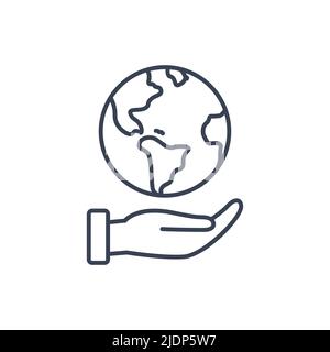 Hand halten Globe World Line Symbol. Earth help Logo Planet Protect Konzept Vektor globale Ökologie Stock Vektor