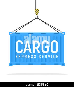 Frachtvektor Kran blaue Box flache Abbildung. Cargo Metallbox Lagerung Design Seitenansicht auf weiß Stock Vektor
