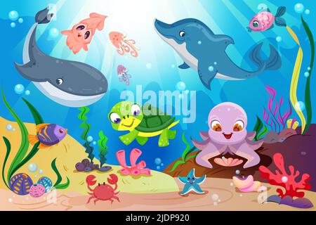 Unterwasserwelt mit niedlichen Meerestieren, farbenfrohen tropischen Fischen, Walen, Delfinen und Korallenriffen mit Meerespflanzen. Unterwasserlandschaft mit lustigen Schildkröten, Kraken, Seesternen, Tintenfisch und Krabben, Algen Stock Vektor