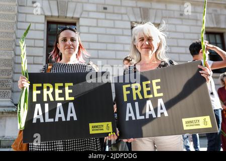 London, Großbritannien. 22.. Juni 2022. Eine Gruppe von Demonstranten und Aktivisten hat sich vor dem Auswärtigen Amt in Westminster versammelt, um die Freilassung von Alaa Abd El-Fattah zu fordern, einem ägyptischen Aktivisten und Blogger (und jetzt britischer Staatsbürger), der in Ägypten inhaftiert ist und seit April 2022 in Hungerstreik ist. Aktivisten sammeln sich auch für Interventionen des Außenministers. Kredit: Imageplotter/Alamy Live Nachrichten Stockfoto