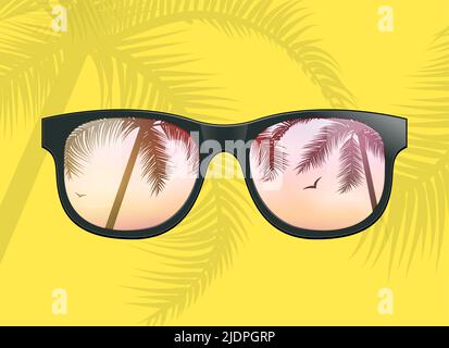 Hallo Sommer Spaß Hintergrundkonzept. Vektor Sonnenglas Strand Palmen Urlaub Design Illustration Stock Vektor