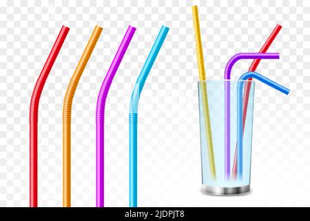Vektorgrafik Strohrohr aus Kunststoff. Glasbecher auf transparentem Pfeifenpapier Bambus Bio Strohstreifen Öko Mockup Stock Vektor
