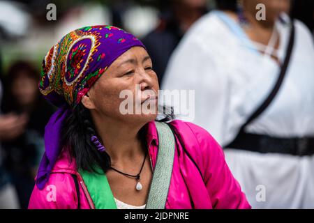 Mitglieder der indigenen Gemeinschaft nehmen am Konzert Teil, um den Tag der indigenen Völker zu feiern. Stockfoto