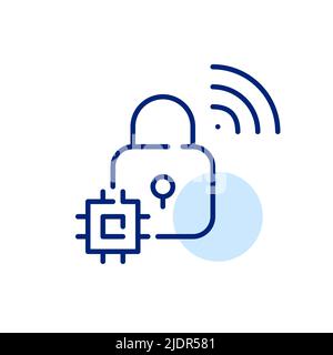 Smart Lock Sicherheitssystem mit CPU. Pixel-perfektes, bearbeitbares Strichliniensymbol Stock Vektor