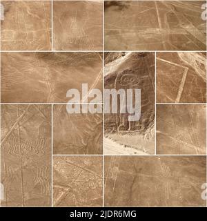 UNESCO Heritage: Linien und Geoglyphen von Nazca, Peru - Collage (von oben links: Seevogel, Hand, Pelikan, Kondor, Riese, Wal, Spinne, Affe, Hund, Scor Stockfoto