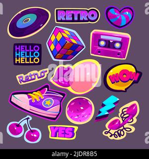 Retro-Sticker im Stil von 90s. Comic-Patch-Abzeichen mit Lippen mit Kaugummi und Wow-Sprechblase. Vector Cartoon Satz von niedlichen Ikonen der Kassette, Vinyl-Schallplatte, rubik Würfel, Süßigkeiten und Turnschuhe Stock Vektor