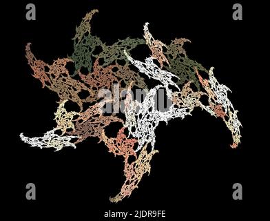 Mehrfarbiger leuchtender Gegenstand auf schwarzem Hintergrund. Glänzendes Neon fraktal. Abstrakte psychedelisch Illustration. 3D Rendern Stockfoto