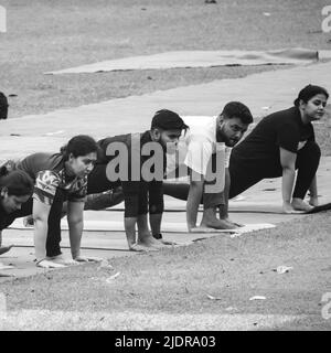 Delhi, Indien, Juni 18 2022 - Gruppen-Yoga-Übungskurs Surya Namashkar für Menschen unterschiedlichen Alters im Lodhi Garden. Internationaler Yoga-Tag, große Gruppe Stockfoto