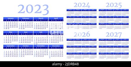 Satz blauer Monatskalender für 2023, 2024, 2025, 2026, 2027 Jahre. Die Woche beginnt am Sonntag. Seitenlayout-Planer in einem minimalistischen Stil. Aend Stock Vektor