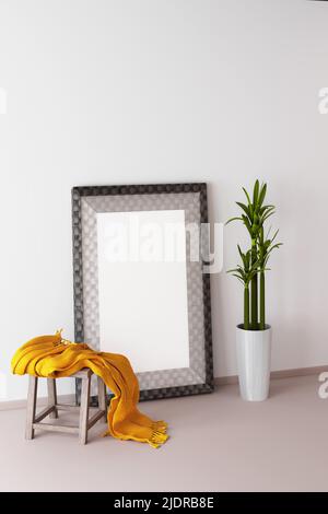 Fotorahmen-Mockup und Blume im Topf über beige Wand. 3D Rendern Stockfoto