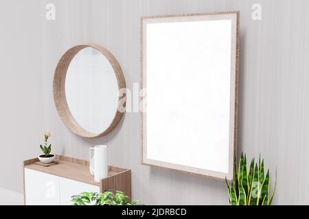 Innenpostermodell mit leerem Holzrahmen, skandinavischer Stil, 3D Rendering Stockfoto