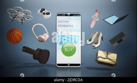 Smartphone mit Online-Shopping-Schnittstelle und schwebenden Objekten in der Luft. 3D Abbildung. Stockfoto