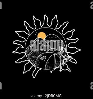 Ein Camping-Emblem mit handgezeichneten Elementen im Doodle-Stil. Berge, Zelte, Kompass und Wanderstöcke. Camping- und Outdoor-Artikel auf schwarzem Hintergrund. Stock Vektor