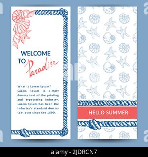 Satz von Vektor-Bannervorlagen im nautischen Stil. Seil mit Knoten. Handgezeichnete Muscheln und Seesterne-Doodle im Sketch-Stil. Grußkarte. Strandteil Stock Vektor