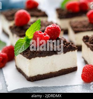 Schokoladenwürfelkuchen, Brownie-Käsekuchen in Scheiben mit frischer Himbeere Stockfoto