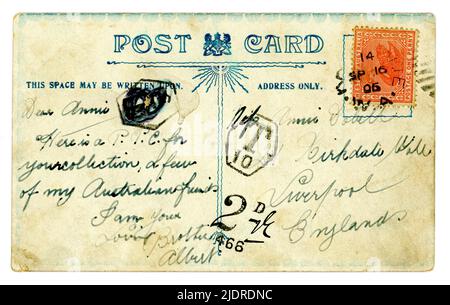 Rückseite der amerikanischen Comic-Postkarte aus dem frühen 20. Jahrhundert, veröffentlicht von australischen Verlegern, veröffentlicht in Liverpool in Großbritannien, datiert vom 1905. September, USA Stockfoto