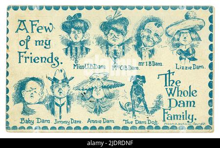 Original amerikanische Comic-Postkarte aus dem frühen 20. Jahrhundert mit der Überschrift „Ein paar meiner Freunde, die ganze Dam-Familie“, veröffentlicht in Liverpool in Großbritannien, datiert vom 1905. September, USA Stockfoto