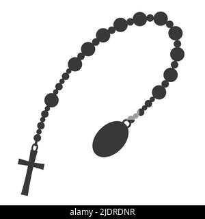Rosenkranz Perlen Silhouette. Gebetsschmuck für Meditation. Katholischer Kaplet mit Kreuz. Religionssymbol. Vektorgrafik. Stock Vektor