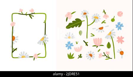 Handgezeichnete Vektor abstrakte Grafik Set mit Clipart Illustration von Ornament Rahmen mit Blumen, Kamille und Blätter in einfachen Stil für Branding Stock Vektor