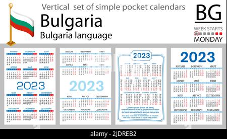 Bulgarischer vertikaler Taschenkalender für 2023 (zweitausend dreiundzwanzig). Die Woche beginnt am Montag. Neues Jahr. Farbe einfaches Design. Vektor Stock Vektor