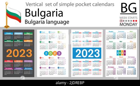 Bulgarischer vertikaler Taschenkalender für 2023 (zweitausend dreiundzwanzig). Die Woche beginnt am Montag. Neues Jahr. Farbe einfaches Design. Vektor Stock Vektor