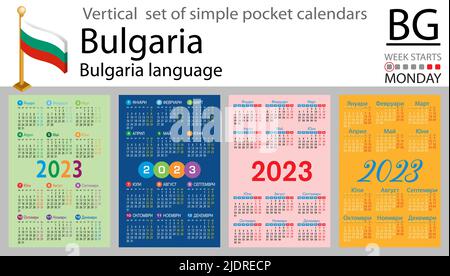Bulgarischer vertikaler Taschenkalender für 2023 (zweitausend dreiundzwanzig). Die Woche beginnt am Montag. Neues Jahr. Farbe einfaches Design. Vektor Stock Vektor