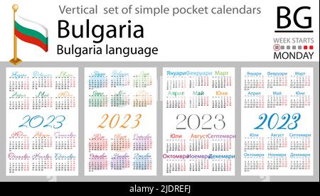 Bulgarischer vertikaler Taschenkalender für 2023 (zweitausend dreiundzwanzig). Die Woche beginnt am Montag. Neues Jahr. Farbe einfaches Design. Vektor Stock Vektor