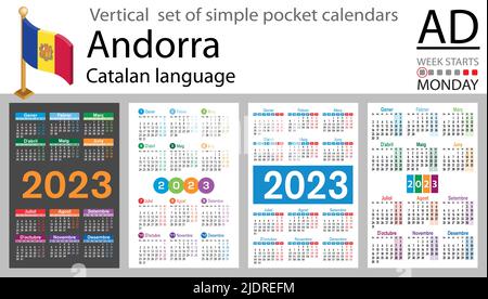 Katalanischer vertikaler Taschenkalender für 2023 (zweitausend dreiundzwanzig). Die Woche beginnt am Montag. Neues Jahr. Farbe einfaches Design. Vektor Stock Vektor