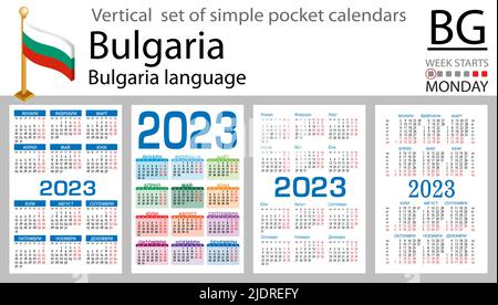 Bulgarischer vertikaler Taschenkalender für 2023 (zweitausend dreiundzwanzig). Die Woche beginnt am Montag. Neues Jahr. Farbe einfaches Design. Vektor Stock Vektor