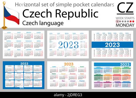 Horizontaler tschechischer Taschenkalender für 2023 (zweitausend dreiundzwanzig). Die Woche beginnt am Montag. Neues Jahr. Farbe einfaches Design. Vektor Stock Vektor