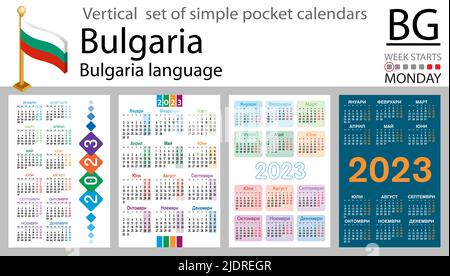 Bulgarischer vertikaler Taschenkalender für 2023 (zweitausend dreiundzwanzig). Die Woche beginnt am Montag. Neues Jahr. Farbe einfaches Design. Vektor Stock Vektor
