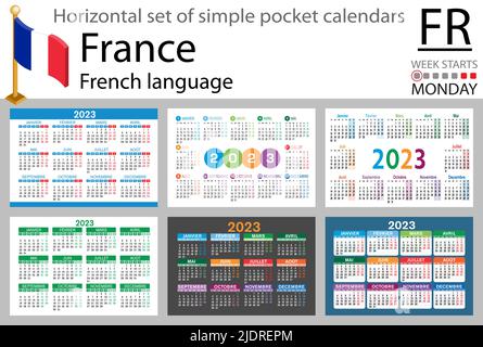 Französischer horizontaler Taschenkalender für 2023 (zweitausend dreiundzwanzig). Die Woche beginnt am Montag. Neues Jahr. Farbe einfaches Design. Vektor Stock Vektor