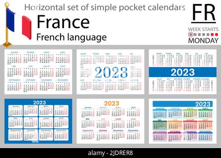 Französischer horizontaler Taschenkalender für 2023 (zweitausend dreiundzwanzig). Die Woche beginnt am Montag. Neues Jahr. Farbe einfaches Design. Vektor Stock Vektor