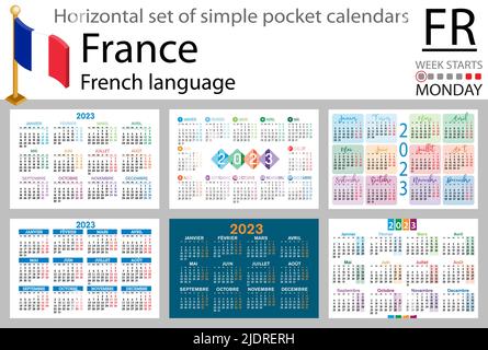 Französischer horizontaler Taschenkalender für 2023 (zweitausend dreiundzwanzig). Die Woche beginnt am Montag. Neues Jahr. Farbe einfaches Design. Vektor Stock Vektor