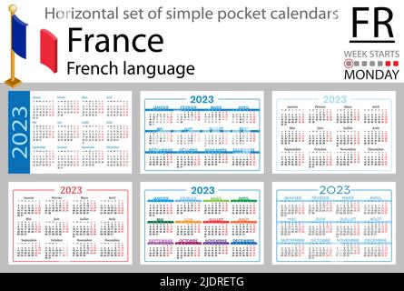 Französischer horizontaler Taschenkalender für 2023 (zweitausend dreiundzwanzig). Die Woche beginnt am Montag. Neues Jahr. Farbe einfaches Design. Vektor Stock Vektor