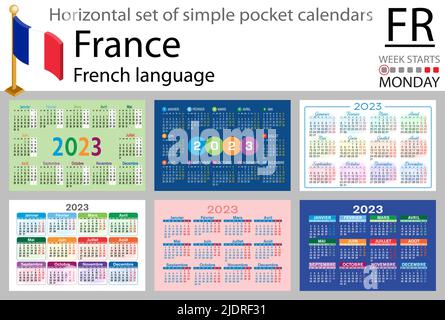 Französischer horizontaler Taschenkalender für 2023 (zweitausend dreiundzwanzig). Die Woche beginnt am Montag. Neues Jahr. Farbe einfaches Design. Vektor Stock Vektor