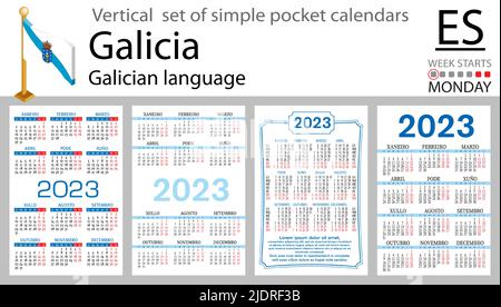 Galizischer vertikaler Taschenkalender für 2023 (zweitausend dreiundzwanzig). Die Woche beginnt am Montag. Neues Jahr. Farbe einfaches Design. Vektor Stock Vektor