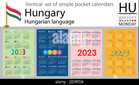 Ungarischer vertikaler Taschenkalender für 2023 (zweitausend dreiundzwanzig). Die Woche beginnt am Montag. Neues Jahr. Farbe einfaches Design. Vektor Stock Vektor