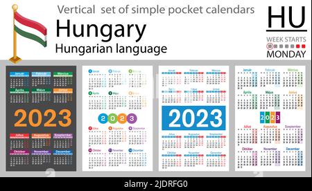 Ungarischer vertikaler Taschenkalender für 2023 (zweitausend dreiundzwanzig). Die Woche beginnt am Montag. Neues Jahr. Farbe einfaches Design. Vektor Stock Vektor