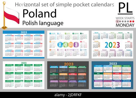 Polnischer horizontaler Taschenkalender für 2023 (zweitausend dreiundzwanzig). Die Woche beginnt am Montag. Neues Jahr. Farbe einfaches Design. Vektor Stock Vektor