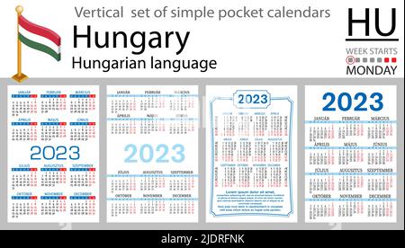 Ungarischer vertikaler Taschenkalender für 2023 (zweitausend dreiundzwanzig). Die Woche beginnt am Montag. Neues Jahr. Farbe einfaches Design. Vektor Stock Vektor