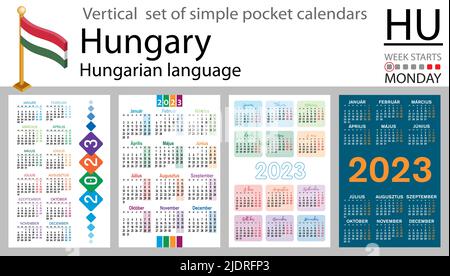 Ungarischer vertikaler Taschenkalender für 2023 (zweitausend dreiundzwanzig). Die Woche beginnt am Montag. Neues Jahr. Farbe einfaches Design. Vektor Stock Vektor