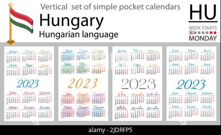 Ungarischer vertikaler Taschenkalender für 2023 (zweitausend dreiundzwanzig). Die Woche beginnt am Montag. Neues Jahr. Farbe einfaches Design. Vektor Stock Vektor