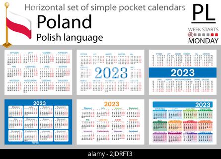 Polnischer horizontaler Taschenkalender für 2023 (zweitausend dreiundzwanzig). Die Woche beginnt am Montag. Neues Jahr. Farbe einfaches Design. Vektor Stock Vektor
