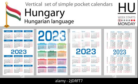 Ungarischer vertikaler Taschenkalender für 2023 (zweitausend dreiundzwanzig). Die Woche beginnt am Montag. Neues Jahr. Farbe einfaches Design. Vektor Stock Vektor