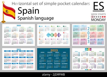 Spanischer horizontaler Taschenkalender für 2023 (zweitausend dreiundzwanzig). Die Woche beginnt am Montag. Neues Jahr. Farbe einfaches Design. Vektor Stock Vektor